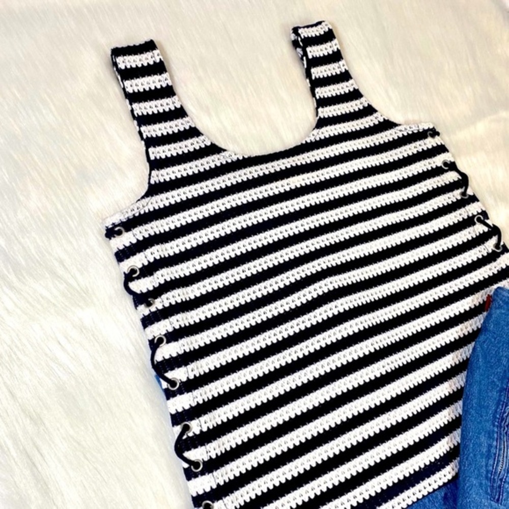 Laceup Cutout Tank Top Lace Up Sides Knit Striped - Picture 8 of 12